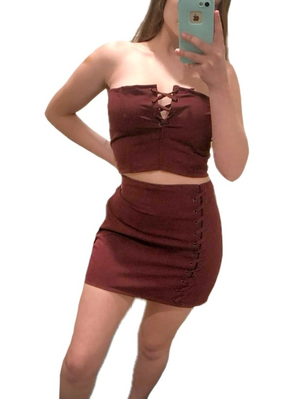 Worthington Upcycled Maroon Burgundy Strapless Crop 2 Piece Skirt Lace Up Set